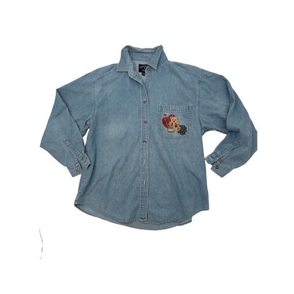 Solutions 80’sWoman Embroidered Denim Button Front Shirt S Blue Christmas‎ Large - Picture 2 of 8